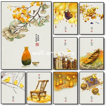 Çin Tarzı Tuval baskı Boyama Antik Şiir Sonbahar Manzara posteri Duvar Sanatı Bitki Kedi Kelebek Ev Dekorasyon