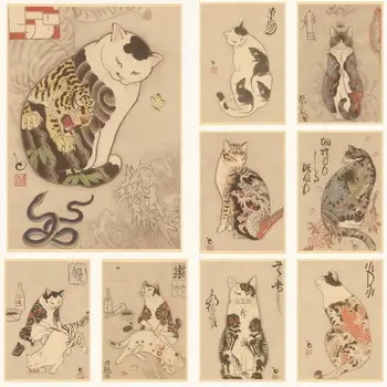 Japon samuray kedi dövme kedi POSTER Retro Poster Ev Bar Cafe Sanat Duvar Sticker Koleksiyonu Resim Duvar Kağıdı Dekorasyon