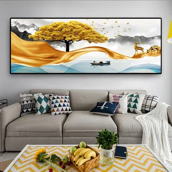 Modern Altın Soyut Manzara Sanat Altın Çizgi Ağacı ve Taş Resimleri Boyama Duvar Sanatı Oturma Odası Ev Dekor için (Çerçeve yok)