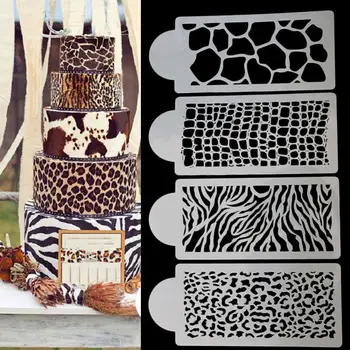 4 adet / takım Zebra Leopar Baskı Vahşi Tarzı Kek Stencil Airbrush Boyama Kalıp Hayvan Çerezler Fondan Kek Mus Dekorasyon Kalıpları
