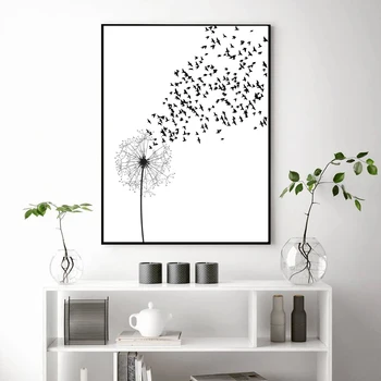 Soyut Siyah ve Beyaz Karahindiba Kuş Posterler ve Baskı Modern İskandinav Çiçek duvar sanatı tuval yağlıboya Ev Dekorasyon Resim