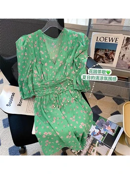 Boho Mini Elbise Kadınlar Çiçek Baskı Yaz Şık Tatil Plaj Elbise Kadın Kısa Puf Kollu Gevşek Sundress Yeşil Vestidos Bayanlar