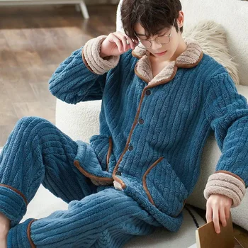 Flanel Pijama Setleri Erkekler İçin Kalın Sıcak Kış Pijama 2 parça / takım Pijama Takım Elbise Rahat Gecelik Ev Giysileri