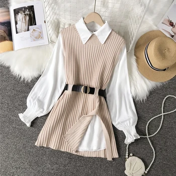 Sonbahar Kış kadın Takım Elbise Kore Saf Renk Basit Fener Kollu Gömlek Örme Yelek İki parçalı Yeni Bel İki parçalı Setleri HH523