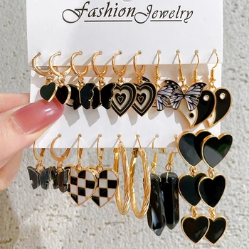 Siyah Kelebek Kalp Altın Renk Dangle küpe seti Kadınlar için Vintage Akrilik İnci Hoop Küpe 2022 moda takı Hediyeler