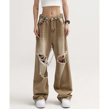 Y2K Kadın Streetwear Harajuku Retro Geniş Bacak Peri Grunge Yırtık Kot Kot Pantolon Yüksek Bel Baggy Pantolon Gotik Alt Elbise