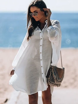 Bikini Kapak-Ups Zarif Hollow Out Derin Yaz Plaj Elbise Beyaz Pamuk Tunik Kadın Plaj Kıyafeti mayo Kapak Up