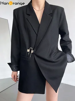 HanOrange Bahar Siyah Blazer Ceket Kadın Metal Kilit Tasarım Basit Takım Elbise Ceket Rahat Zarif Kadın Giysileri