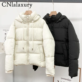 CNlalaxury Sonbahar Kış Kadın Yeni Rahat Siyah Kapüşonlu Ceket Uzun Kollu Sıcak Ceketler Katı Cep Giyim dolgulu giysiler