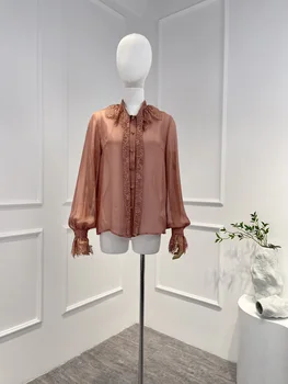 2022 Yeni Bahar Sonbahar En Kaliteli Fener Kollu Tasarım Turn Down Yaka Moda Pembe Bluz Kadınlar