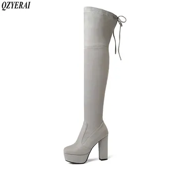 QZYERAI Yeni yuvarlak kafa rahat kadın çizmeler sıkı elastik diz üzerinde ayakkabı Avrupa ayakta bootsquality nitelikli size34-43