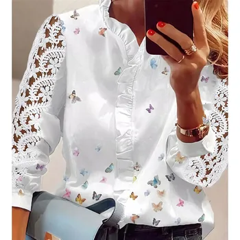 Zarif Uzun Kollu kadın Gömlek Moda Kelebek Baskı Ofis Bayan Üst Beyaz Kadınlar Ruffled Hollow Out Bluz Streetwear Tops