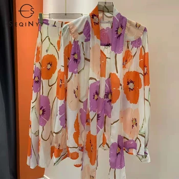 SEQINYY Şifon Set Yaz Bahar Yeni Moda Tasarım Kadın Pist Yüksek Sokak Yay Bluz + Etek A-Line Turuncu Çiçekler Baskı