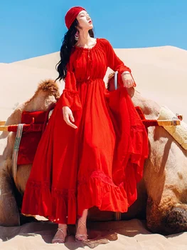 Yaz Zarif Kırmızı Örgü Maxi Kadınlar tatil elbisesi Uzun Kollu Retro Plaj Çöl Boy Vestidos Femme Bohem Tarzı Fiesta