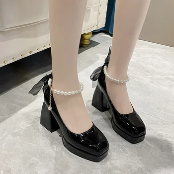 Kadınlar için ayakkabı Zarif topuklu ayakkabılar Yay Kare Ayak Siyah Yüksek Topuklu Kalın Topuk Düğün Parti İnci Dantel Mary Jane Ayakkabı