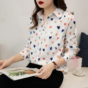 Kadın Kalp Baskı Bluz Casual Uzun Kollu Turn-aşağı Tops Yaka 2020 Kadın Gevşek Şifon Bluzlar Tops Kore Bayan Giyim