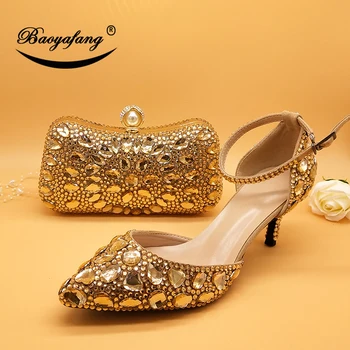 Şampanya Altın kristal kadın Düğün ayakkabı eşleşen çanta ile Rhinestone yüksek topuklu ayak bileği kayışı ayakkabı kadın parti elbise ayakkabı