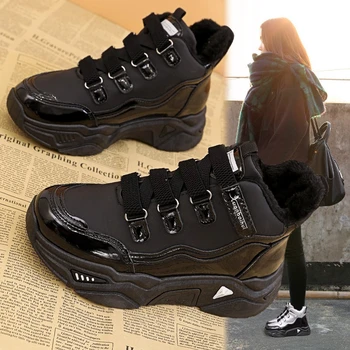 Orijinal Tasarım Sıcak Peluş / Örgü Astar Spor Ayakkabı Sonbahar Kış Kadın Tıknaz Ayakkabı Su Geçirmez platform ayakkabılar Kadınlar için