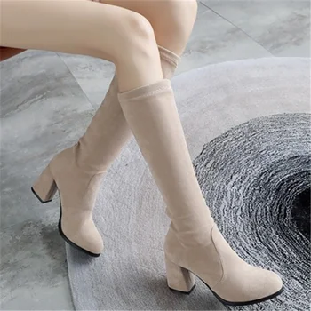 LeShıon Of Chanmeb Büyük Artı Boyutu 53 54 Kadın Streç Kneehigh Çizmeler Çıplak Gri Blok Yüksek Topuk Akın Çizme Bayan Elbise Ayakkabı Kış