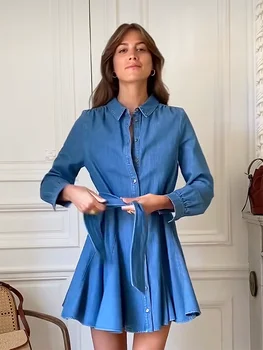 Mavi Denim Kısa Elbise Kadın 2022 Sonbahar Turn-aşağı Yaka Uzun Kollu Düğmeler Kuşaklı Elbiseler Zarif Rahat Femme Mini Elbiseler