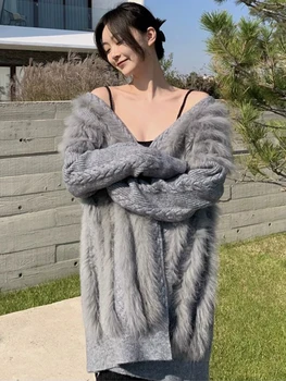 Sıcak Satış Kadınlar Gerçek Tilki Kürk Örgü Gevşek Sıcak Kış Tilki Kürk Dekorasyon bayan Moda Örme Uzun Kazak Kürk Ceket
