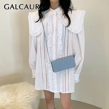 GALCAUR Patchwork Beyaz Casual Gömlek Kadınlar İçin Yaka Puf Uzun Kollu Düz Katı Bluzlar Kadın Yaz Giyim 2021 Şık