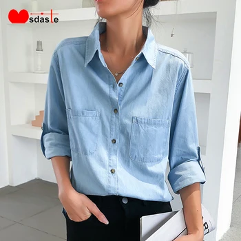 Kot Gömlek Kadın Üstleri 2019 Moda Rahat Kadın Bluz Gömlek Artı Boyutu S~3XL Turn-aşağı Boyun kadın bluzları kadın Kot Ceketler