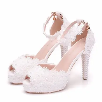 Sıcak Satış Kadın Ayakkabı Pompaları Elbise Nefes Hollow Dantel Toka Askı Peep Toe Ince Heels11CM Yüksek Topuklu Ayakkabılar kadın Düğün