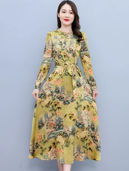 Kadın Elbiseler Sonbahar 2022 Çiçek Uzun Kollu Saten Tunikler Midi Elbise Boho Sarı Vintage Elbise Balo Kore Zarif Parti Akşam