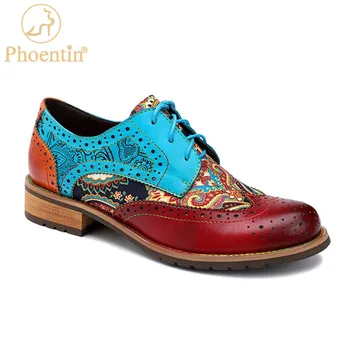 Phoentin Vintage Oyma brogues loafer ayakkabılar Kadınlar İçin Hakiki Deri İngiliz Lace Up Brogues düşük topuklu Retro ayakkabı FT1319
