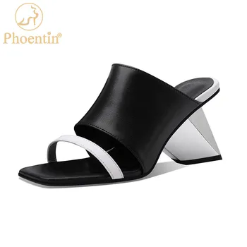 Phoentin kadın siyah modern terlik 2021 yaz yüksek topuklu dış terlik kadın hakiki deri Hit renk Katır ayakkabı FT1494