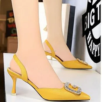 2022 Yaz Zarif Kadın 7cm Yüksek Topuklu Düğün Sandalet Tasarımcı Sığ Süet Sarı Mavi Topuklu Sandalet Taklidi parti ayakkabıları