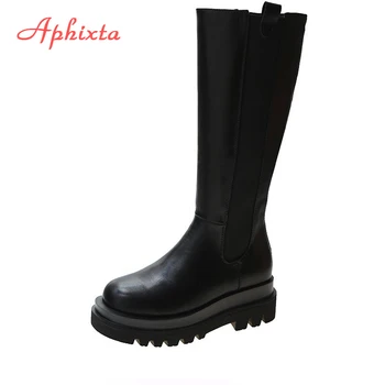 Aphixta Kış Uzun Elastik Bant kadın Yüksek Çizmeler Diz Yüksek Lüks Chelsea Çizmeler Kadın yarım çizmeler Tıknaz platform ayakkabılar