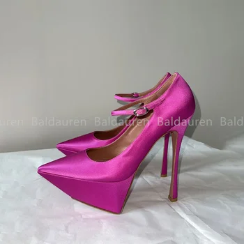 Yeni Kadın Pompaları Yüksek Topuklu Marka Büyük Boy 42 Sivri Burun Ipek parti ayakkabıları Düğün ShoesPlatform Taklidi Topuklu Sandalet