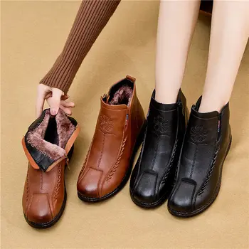 Rahat Yaşlı Ayakkabı Kadın Çizmeler Retro Ayakkabı Bayanlar Yumuşak Deri yarım çizmeler Siyah Bayan Kış yürüyüş ayakkabısı Su Geçirmez