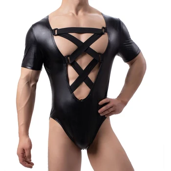 Seksi Erkek Suni Deri Ön Çapraz Sapanlar Bodysuit İç Çamaşırı Gece Kulübü Kıyafeti güreş atleti Sıkı Catsuit Tek parça Tulumlar