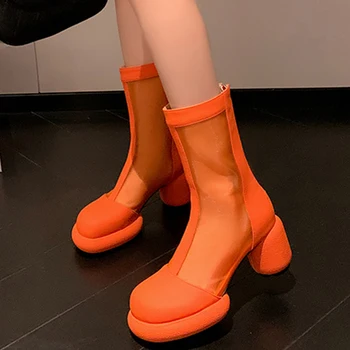Sandalet Kadın Yüksek Topuklu Örgü Kalın Soğuk Botlar Sandalet 2022 Yeni Platform Bahar Kadın Ayakkabı Pompaları Motosiklet Botları rahat ayakkabılar