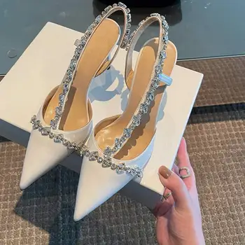 2022 Yüksek Topuk Kadın Rhinestones Sivri Burun tek ayakkabı Düğün Ayakkabı Yaz Arka Kayış Düz Renk Kadın Ayakkabı