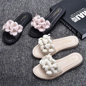 Apanzu kadın Düz Sandalet Yaz 2021 yeni ayakkabı Düz Renk Çiçekler Zarif Terlik Burnu açık Moda Tatil Plaj Slaytlar