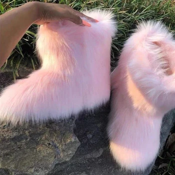 Kadın Kış Kabarık Taklit Tilki Kürk Çizmeler Kadın Peluş Sıcak Kar Botları Lüks Ayakkabı Kızların Kürklü Kürk Şişeler Moda Kış Ayakkabı