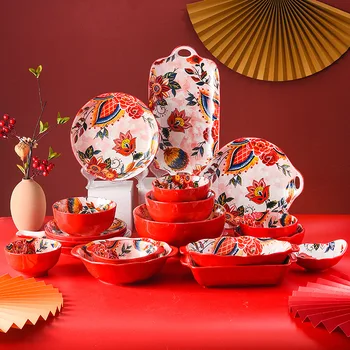 Kırmızı Sofra Yaratıcı Seramik yemek tabakları pirinç kasesi Ev Düğün Kutlama tabak ve yemek takımları Çin Yeni Yılı Plakaları