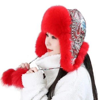 2022 Kış 100 % Gerçek Tilki Kürk Şapka kadın Rus Ushanka Aviator Trapper Kar Kayak Şapka Kapaklar Kış Kulaklığı Rakun Kürk Bombacı Şapka