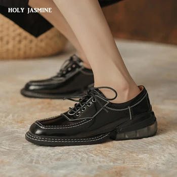 2022 Yeni İlkbahar / Sonbahar Kadın Ayakkabı Bölünmüş deri ayakkabı Kadınlar için Kare Ayak Tıknaz Topuk Pompaları Rahat Dikiş dantel up siyah ayakkabı