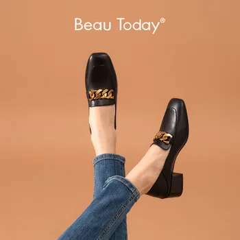 BeauToday Deri Pompaları Kadın Koyun Derisi Ağda Kare Ayak Loafer'lar Metal Dekorasyon Kalın Topuk Bayan Ayakkabıları El Yapımı 15336