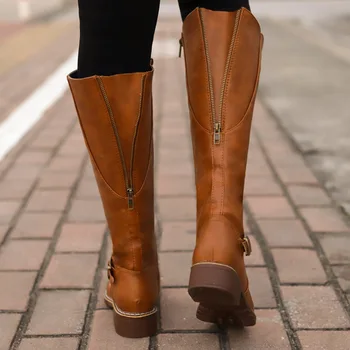 Kadın Diz Yüksek Çizmeler Moda Düşük Topuklu Kare Platformu Uzun Çizmeler Kahverengi Siyah Deri Zip Kış Kadın sıcak ayakkabı Patik 69 m