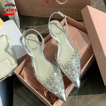 TAIME Rhinestone Şeffaf Sandalet Kadın Yaz Düşük Topuk Sivri Kristal Lüks kadın ayakkabısı Sandalias Düğün Ayakkabı Gelin