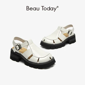 BeauToday Platform Kadın Askısı Hakiki Deri Slingback Yuvarlak Burunlu Rahat Açık Yaz Toka Sandalet Ayakkabı Bayanlar 38204