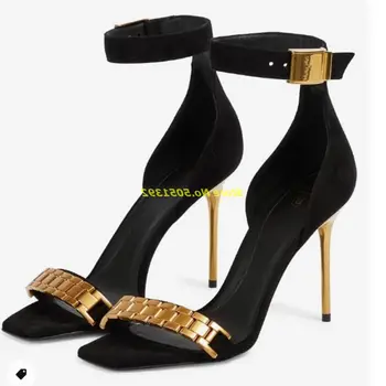 Metal Zincir Siyah Sandalet Kare Ayak Altın Metal Topuk Ayak Bileği Toka Askı Kapak Topuk Moda Kadın Elbise Ayakkabı Yaz Bayan Ayakkabıları