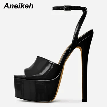 Aneikeh Yeni Seksi Siyah Rugan Ince Yüksek Topuk Kadın Yaz platform ayakkabılar Burnu açık Ayak Bileği Arkası Açık Iskarpin Toka Kayış Sandalet