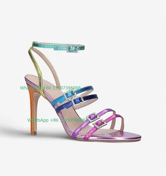 Bayan renk tasarım gökkuşağı PU sandalet burnu açık toka yüksek topuklu yaz parti zarif mix renk ayakkabı boyutu stiletto topuklu sandalet